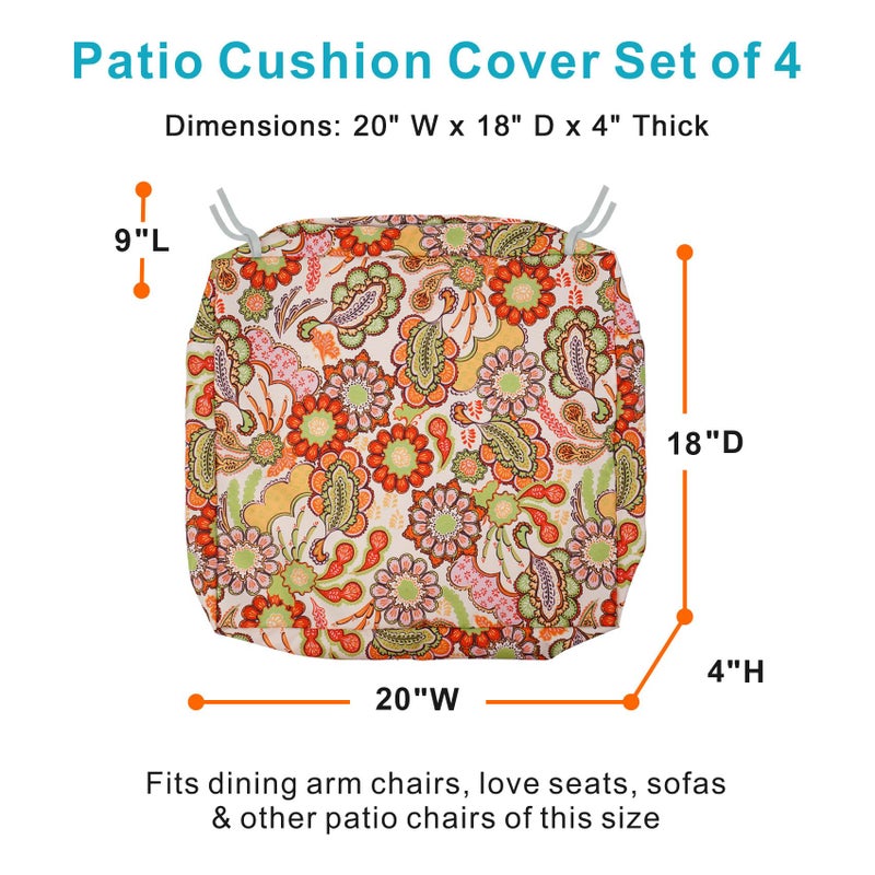 NettyPro Patio Cushion Covers Replacement Set 4 Water Repellent UV Resistant Outdoor Cushion Slipcover with Zipper and Tie, 20 x 18 x 4 Inch, Pop Paisley - Image 5