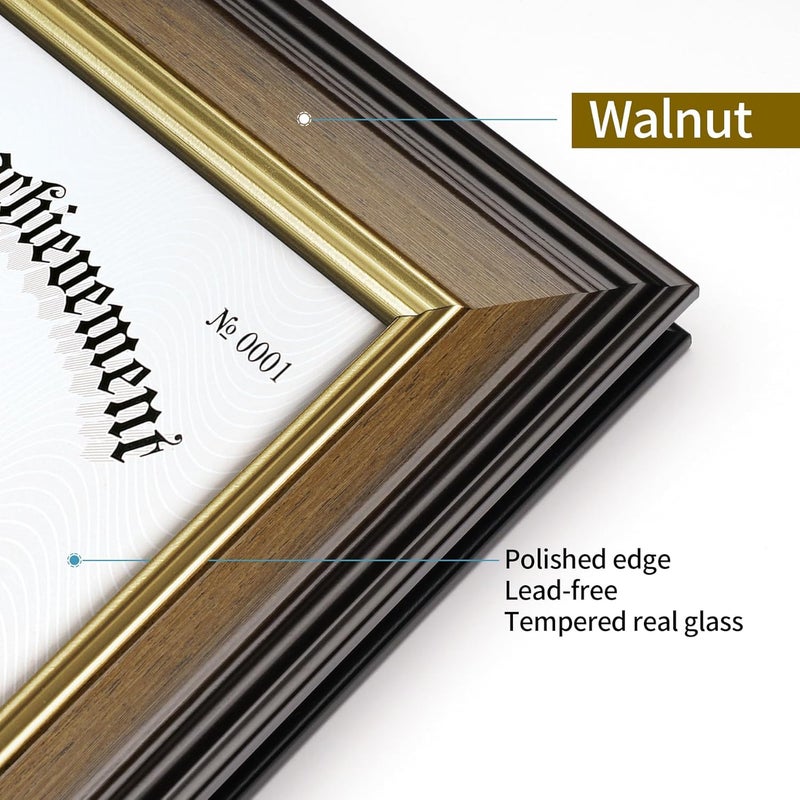 FrameMind 8.5x11 Picture Frame Certificate Diploma Frame with Tempered Real Glass, Walnut Document Frames for Tabletop & Wall Mount (2 Pack, Walnut) - Image 3