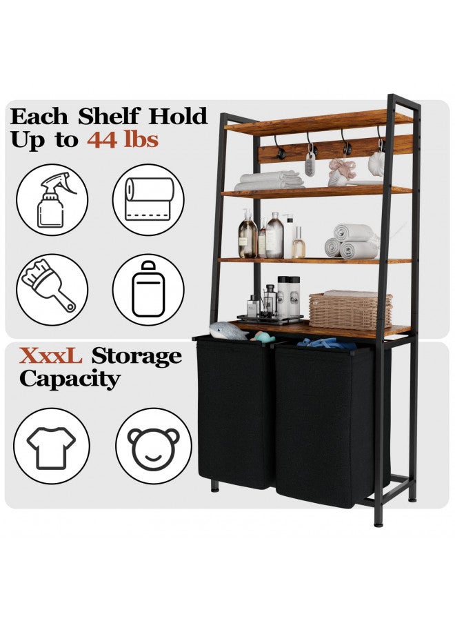 Furnulem Furnulem 4 Tiers Laundry Hamper with Shelf and Hooks, Tall Laundry Basket Sorter with 2 Removable Laundry Bags, Ladder Shelves with Clothes Hamper for Laundry Room Bathroom Bedroom  - Image 1