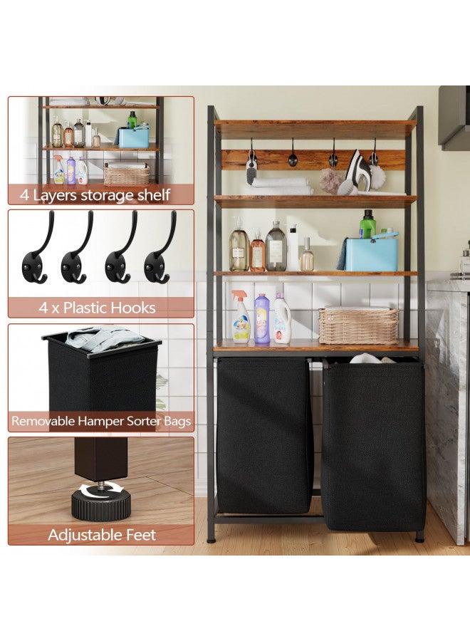 Furnulem Furnulem 4 Tiers Laundry Hamper with Shelf and Hooks, Tall Laundry Basket Sorter with 2 Removable Laundry Bags, Ladder Shelves with Clothes Hamper for Laundry Room Bathroom Bedroom  - Image 2