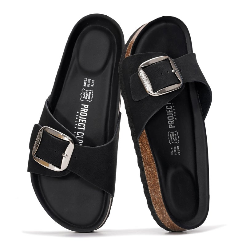 Project Cloud 100% Genuine Leather Sandals Women Dressy Beach Essentials Slides for Women Footwear-Lightweight with Memory Foam Insole Sandals for Women 2026-Womens Slides (Mykonos, BLKLEA,10M) - Image 1