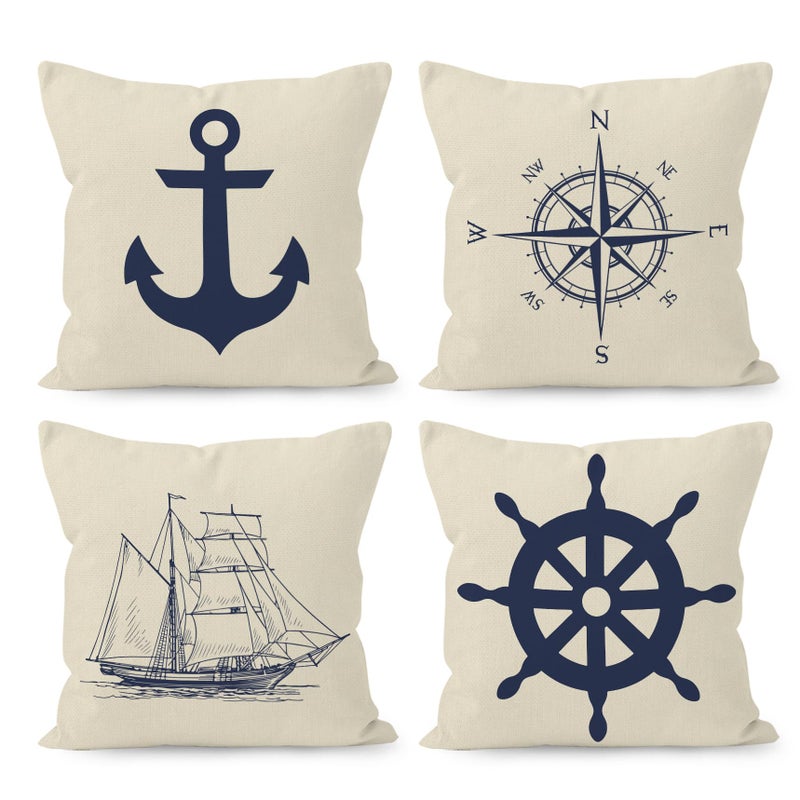 HUYAW Navy Blue Nautical Ocean Boat Anchor Compass Throw Pillow Covers Sailor Nautical Gifts Ship Pillow Cases 18 x 18 Inch Home Ship Sofa Decor Set of 4