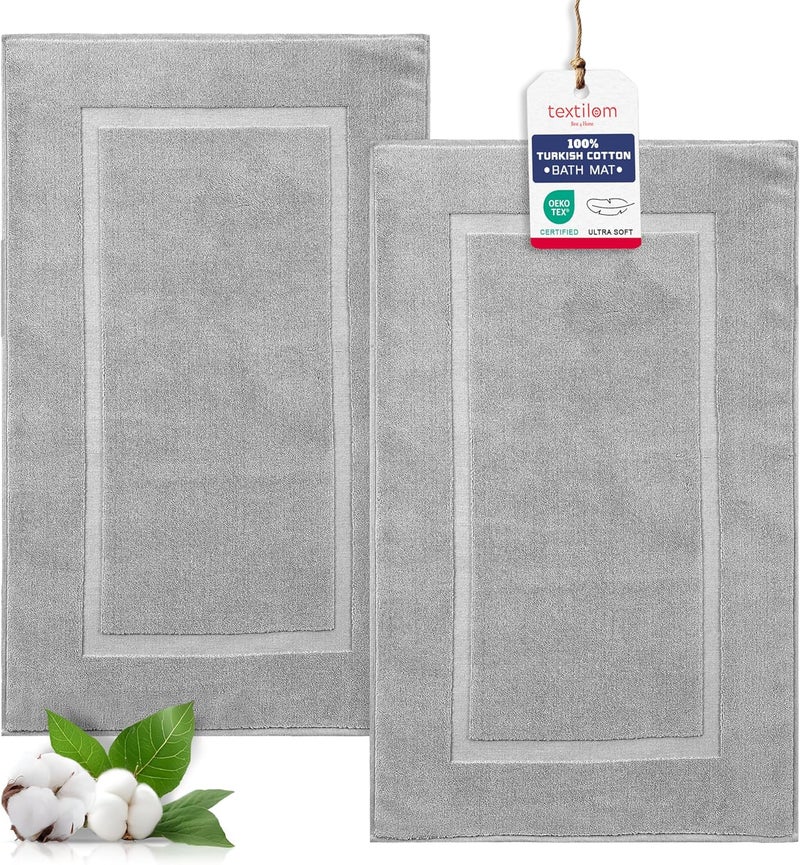 TEXTILOM Luxury 2 Pack Banded Cotton Bath Mats for Bathroom Floor [ Hotel, Spa, Tub, Shower Bath Mat Floor Towel Set ], Machine Washable & Soft & Absorbent & Quick Dry (20''x34'')- Grey - Image 1
