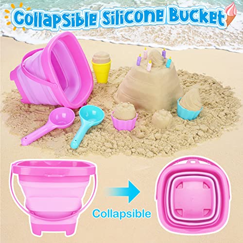 TSDATOWR Ice Cream Beach Toys Sand Toys Set for Kids, Collapsible Sand Bucket and Shovels Set with Mesh Bag, Sand Molds, Watering Can, Sandbox Toys for Kids and Toddlers, Travel Sand Toys for Beach - Image 2