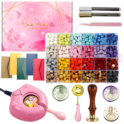 MONVICT 732 Pcs Wax Seal Stamp Kit with Pink Gift Box, Electric Wax Seal Warmer, Sealing Beads, Stamp, Spoon, Pens, Envelopes, Tweezers Gift for Kids Girls Crafter DIY - Image 1