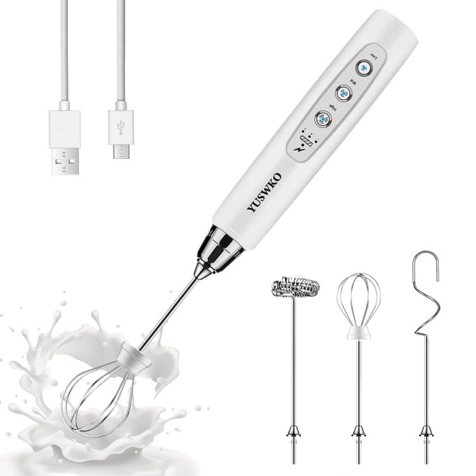 WHITE HANDHELD MILK FROTHER WAND FOR COFFEE RECHARGEABLE ELECTRIC WHISK WITH 3 HEADS 3 SPEEDS DRINK MIXER COFFEE FROTHER FOR LATTE CAPPUCCINO HOT CHOCOLATE EGG