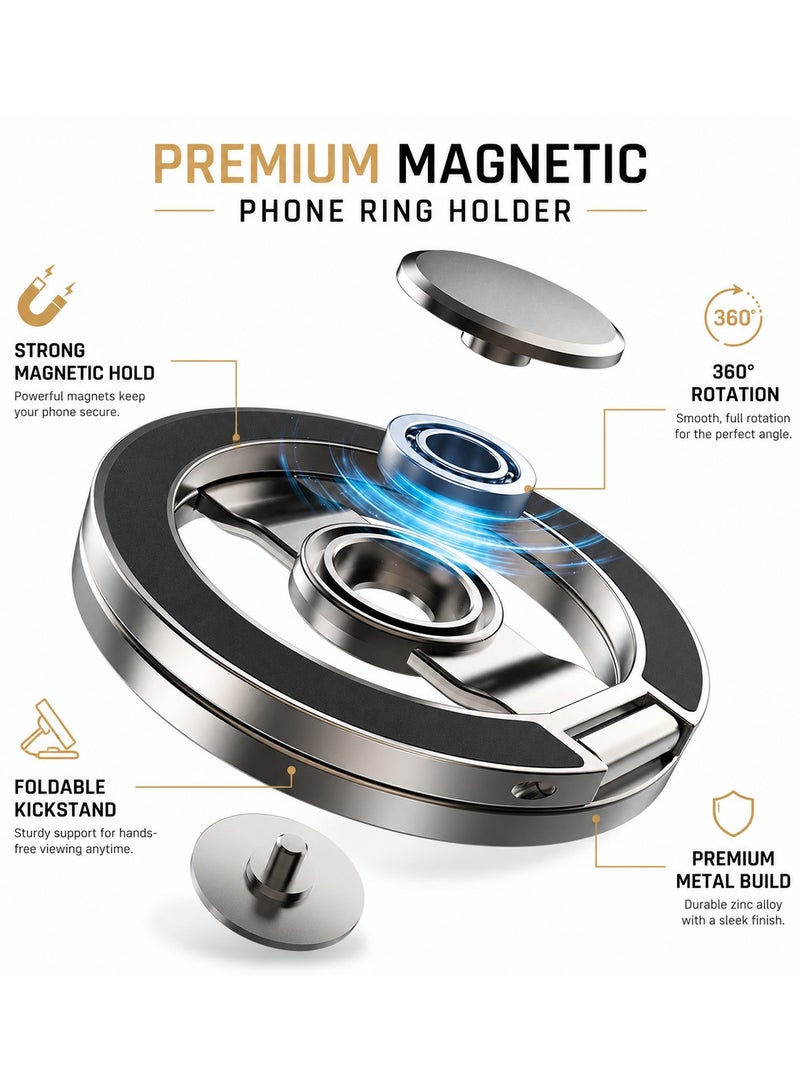 O Ozone Dual-Sided Magnetic Ring Phone Grip Holder Adjustable Finger Loop Kickstand Strong Magnetic Stand for iPhone 16/15/14/13/12 Pixel 10 Cases - Silver - Image 3