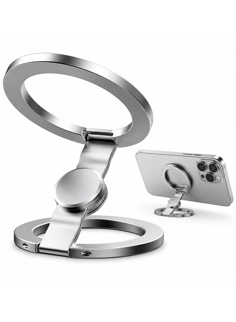 O Ozone Dual-Sided Magnetic Ring Phone Grip Holder Adjustable Finger Loop Kickstand Strong Magnetic Stand for iPhone 16/15/14/13/12 Pixel 10 Cases - Silver - Image 1