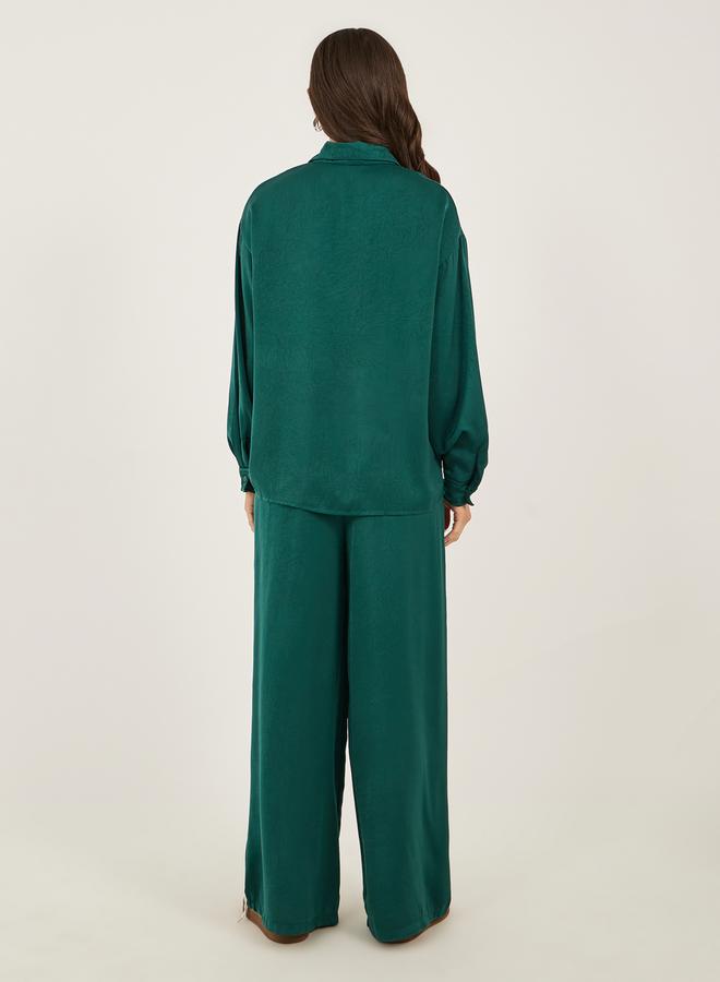 Styli Women Green Textured Satin Shirt and Wide Leg Trousers Co-Ords  - Image 5