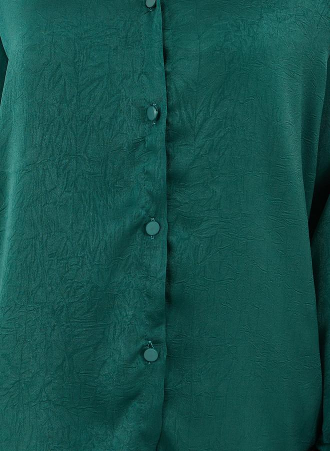 Styli Women Green Textured Satin Shirt and Wide Leg Trousers Co-Ords  - Image 4