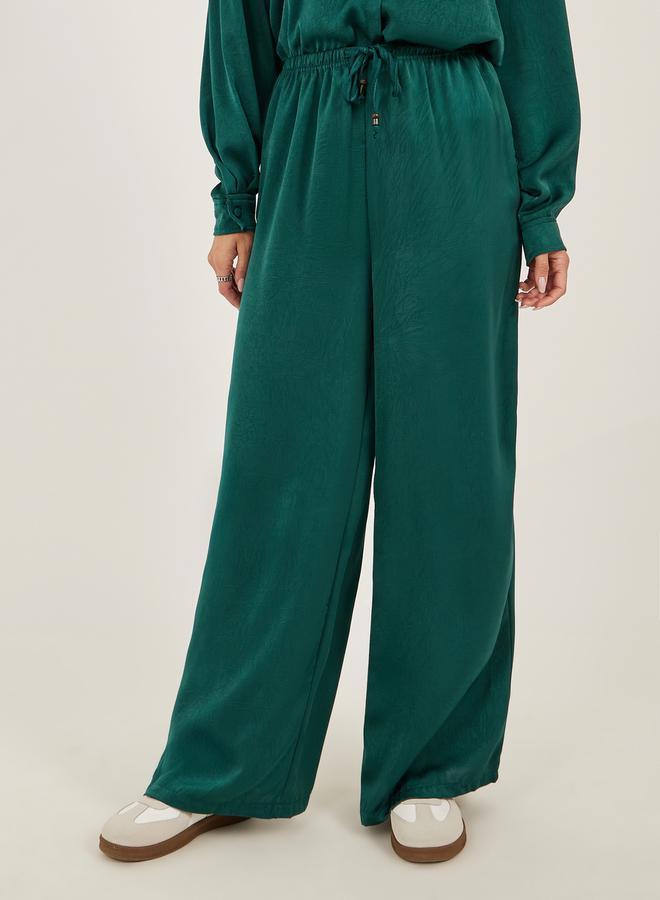 Women Green Textured Satin Shirt and Wide Leg Trousers Co-Ords