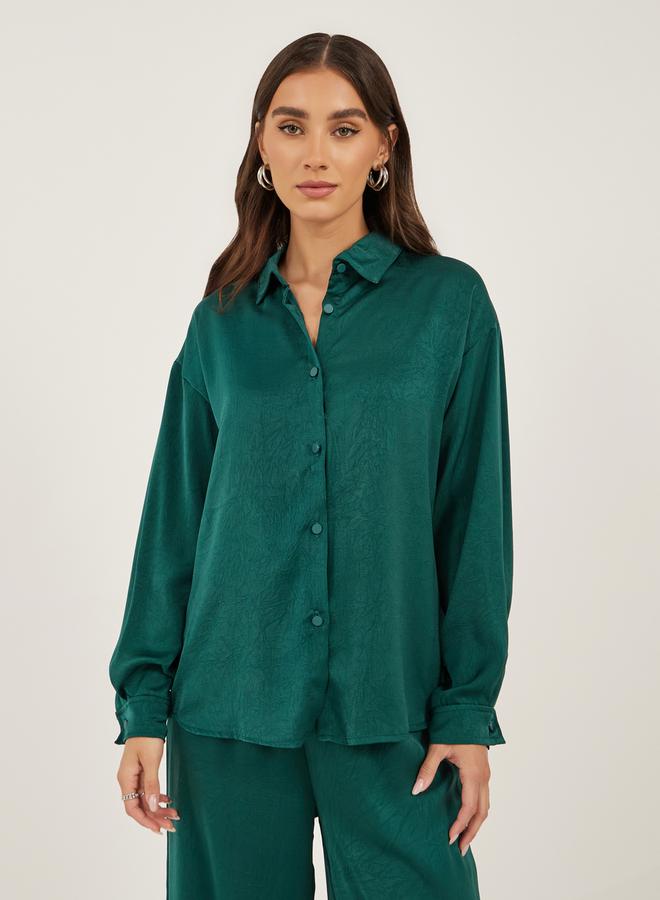 Styli Women Green Textured Satin Shirt and Wide Leg Trousers Co-Ords  - Image 3