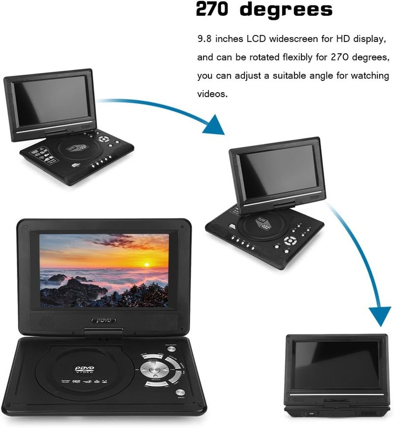 كلاراكو مشغل أقراص DVD محمول 9.8 بوصة، مشغل أقراص DVD بشاشة LCD عالية الدقة قابلة للدوران، مشغل ألعاب تلفزيون صغير، جهاز استقبال راديو FM للأطفال في السيارة مع دعم مدخل/مخرج AV، متوافق مع SD/USB، يدعم AVI، EVD، DVD، SVCD، VCD، CD إلخ (الولايات المتحدة) - Image 3