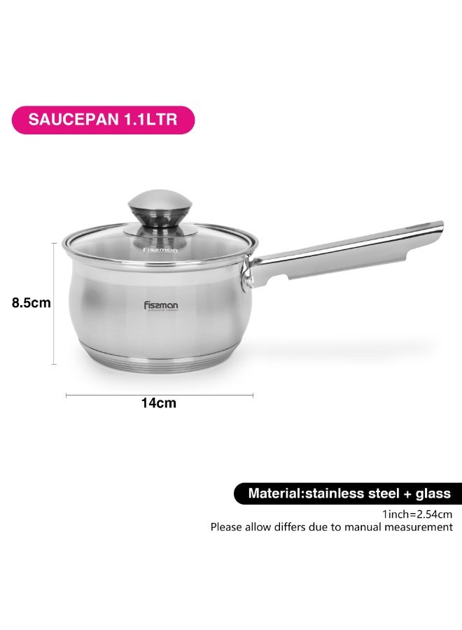 Fissman Saucepan with Glass Lid 14x8.5cm / 1.1L, Stainless Steel 18/10 INOX30 Sauce pan Felina Series, Induction Bottom Suitable for all Cooktops for Simmering Soups, Steaming (Dishwasher Safe) - Image 4