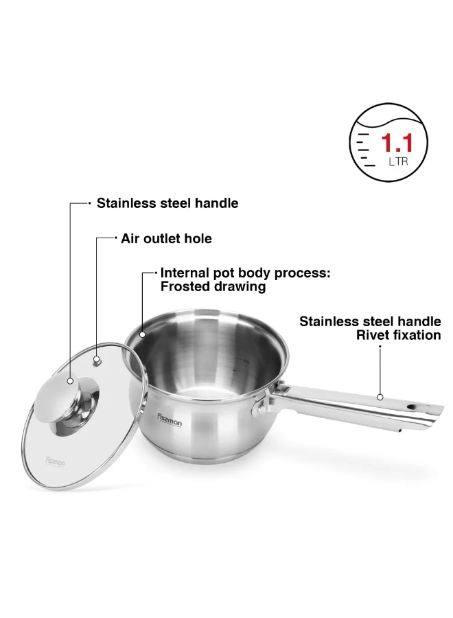 Fissman Saucepan with Glass Lid 14x8.5cm / 1.1L, Stainless Steel 18/10 INOX30 Sauce pan Felina Series, Induction Bottom Suitable for all Cooktops for Simmering Soups, Steaming (Dishwasher Safe)