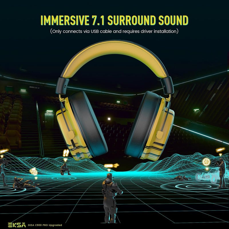 EKSA سماعات الألعاب السلكية E900 برو صفراء فوق الأذن مع صوت محيطي افتراضي 7.1، إلغاء الضوضاء مع ميكروفون وإضاءة LED، متوافقة مع الكمبيوتر، PS4، PS5، Xbox One (صفراء) - Image 2