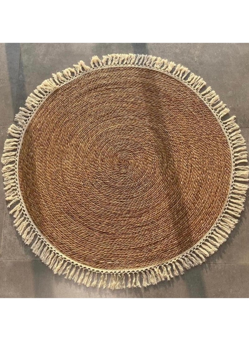 LINGWEI Round Handwoven Jute Braided Area Rug – 100 cm Rustic Vintage Beige Reversible Carpet, Boho Farmhouse Style for Bedroom, Living Room, Kitchen – Natural Jute Decor - Image 1