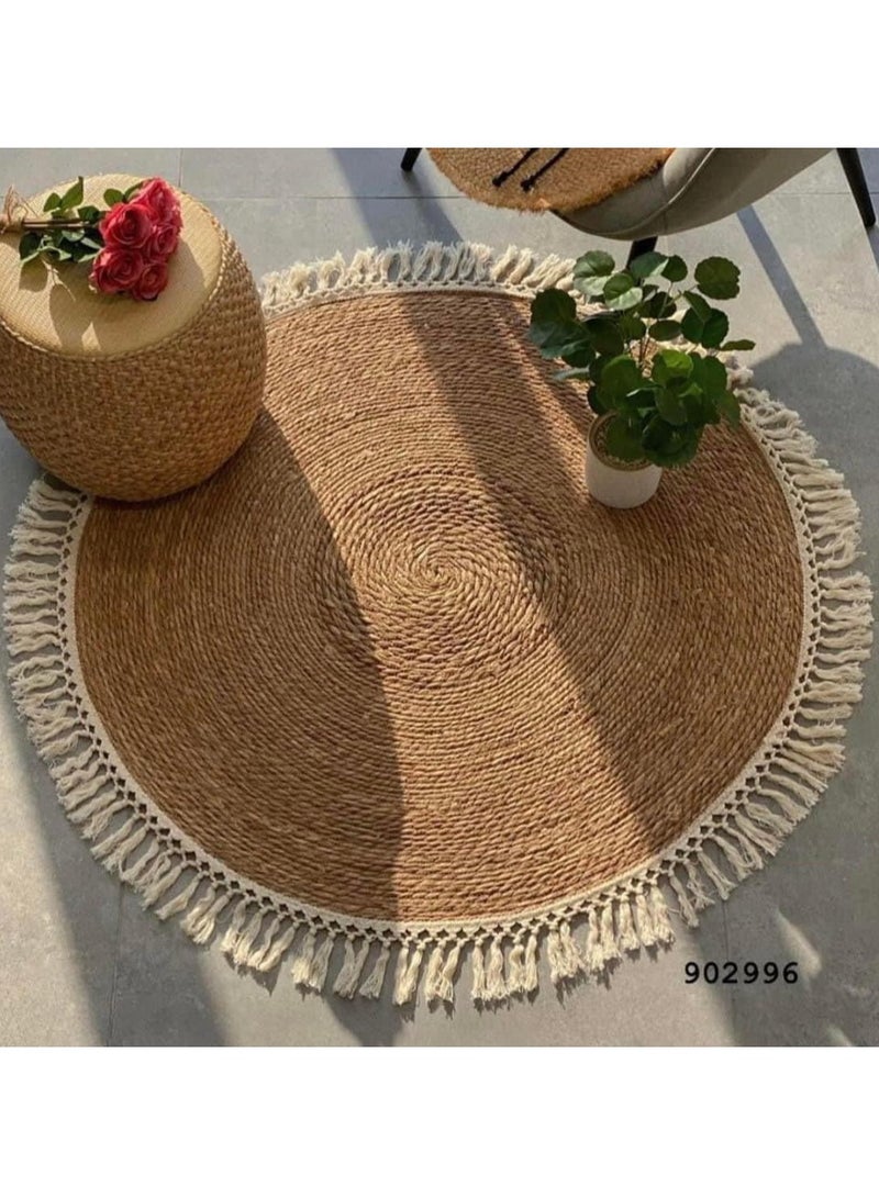 LINGWEI Round Handwoven Jute Braided Area Rug – 100 cm Rustic Vintage Beige Reversible Carpet, Boho Farmhouse Style for Bedroom, Living Room, Kitchen – Natural Jute Decor - Image 4