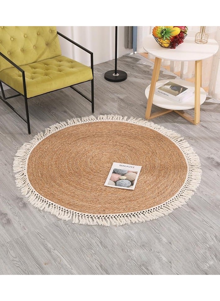 LINGWEI Round Handwoven Jute Braided Area Rug – 100 cm Rustic Vintage Beige Reversible Carpet, Boho Farmhouse Style for Bedroom, Living Room, Kitchen – Natural Jute Decor - Image 5