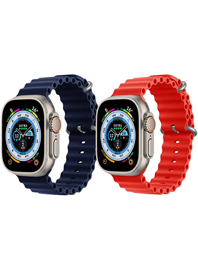 IAF Silicone Ocean Band Strap for Apple Watch Ultra 8 49mm Navy Blue Single Color Strap with Red Single Color Strap Set of 2