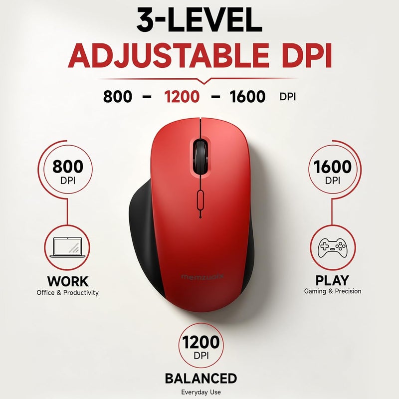 ماوس لاسلكي من memzuoix (BT5.3 و2.4G) قابل للشحن 800/1200/1600 DPI صامت USB C وماوس بلوتوث 4 أزرار - أحمر - Image 5