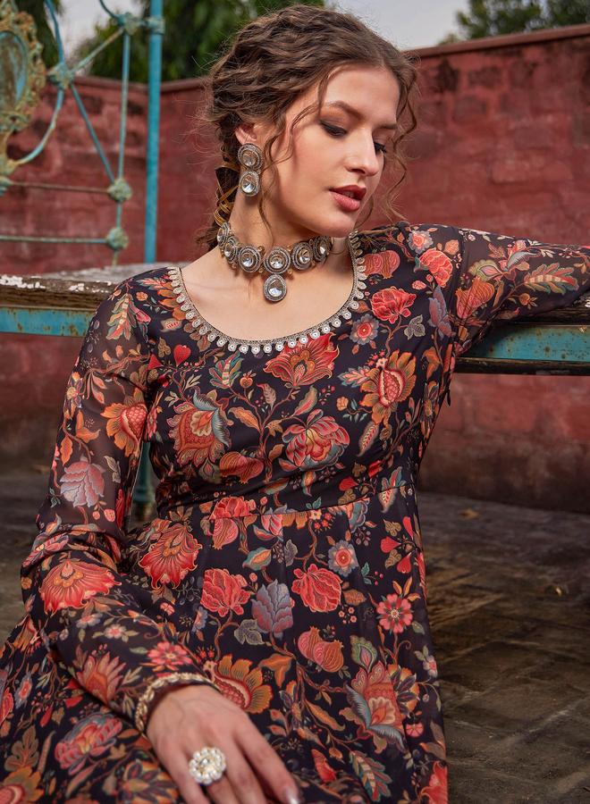 ساسافراس أسود مطبوع أناركالي كورتا مع بنطلون مستقيم - Image 4