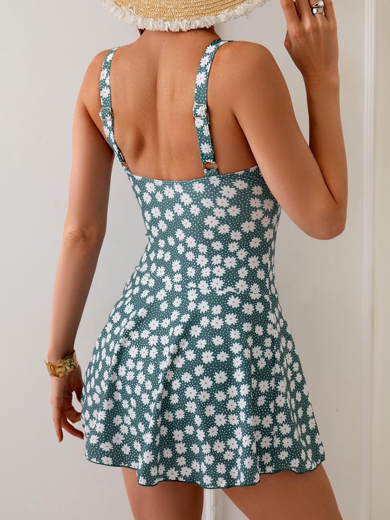Eomenie One Piece Swimdress Swimsuits for Women Tummy Control Swim Dresses Skirt Bathing Suit Green Floral - Image 3