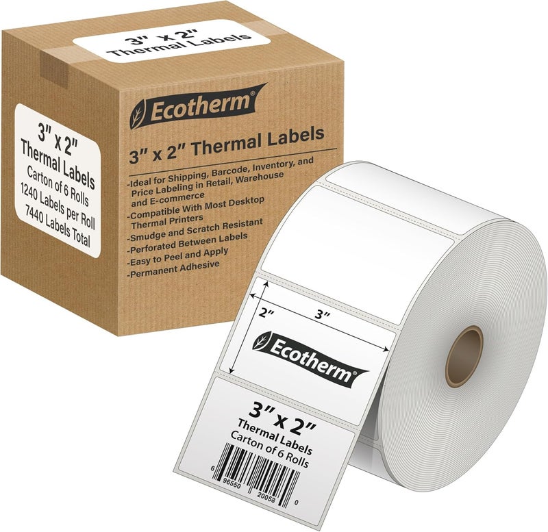 Ecotherm 3" x 2" Thermal Labels | 6 Rolls | 7440 Labels | fits Zebra, Munbyn, Rollo, Godex, Arkscan, iDPRT, Offnova Thermal Label Printers and More | Blank White Adhesive Stickers by - Image 1
