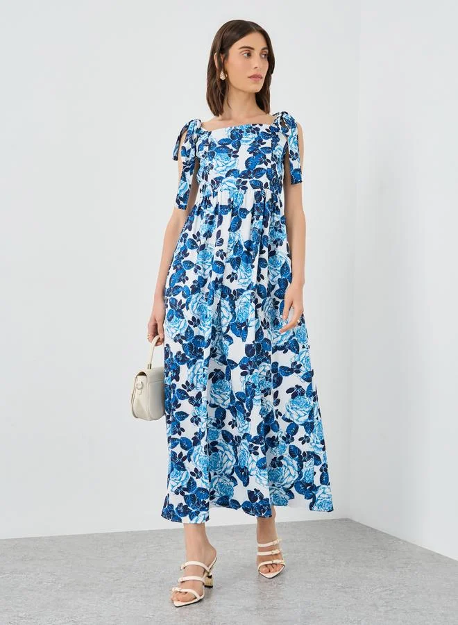 Take Two Take Two Floral Print Tie Shoulder Midi Dress