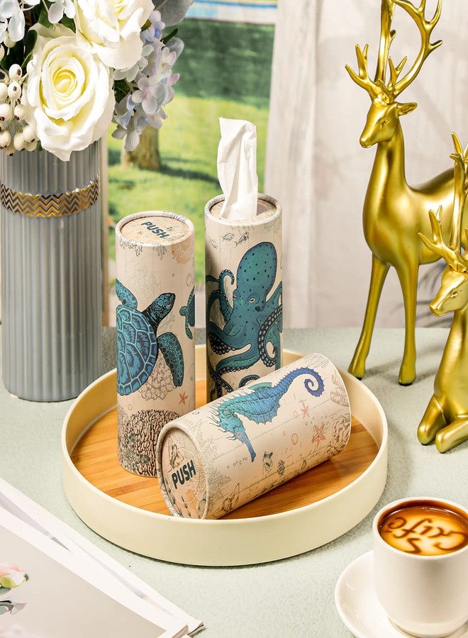 Rtteri 8 Pack Car Tissue Holder with Facial Tissue Bulk Vintage Sea Animal Canvas Printed Cylinder Boxes for Car Cup Holder Refill Home Office Round Container - Image 4