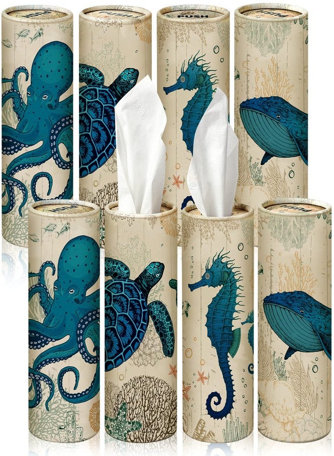 Rtteri 8 Pack Car Tissue Holder with Facial Tissue Bulk Vintage Sea Animal Canvas Printed Cylinder Boxes for Car Cup Holder Refill Home Office Round Container - Image 1