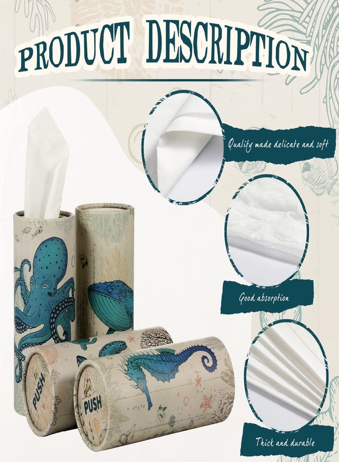 Rtteri 8 Pack Car Tissue Holder with Facial Tissue Bulk Vintage Sea Animal Canvas Printed Cylinder Boxes for Car Cup Holder Refill Home Office Round Container - Image 3