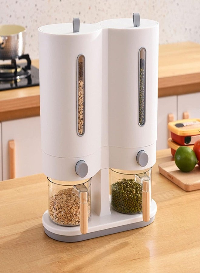 PROSFIA Dry Food Dispenser, Wall mounted 2 Grid Cereal Dispenser, Rice dispenser Kitchen Storage with Measuring Cup, Kitchen Household Moisture Proof Holder for Soybean, Grains, Nuts, Pet food - Image 1
