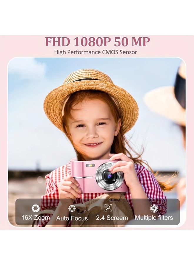 Pink Digital Camera 16X Optical Zoom 1080P HD Vlog Camera 32GB Card USB Rechargeable - Image 4