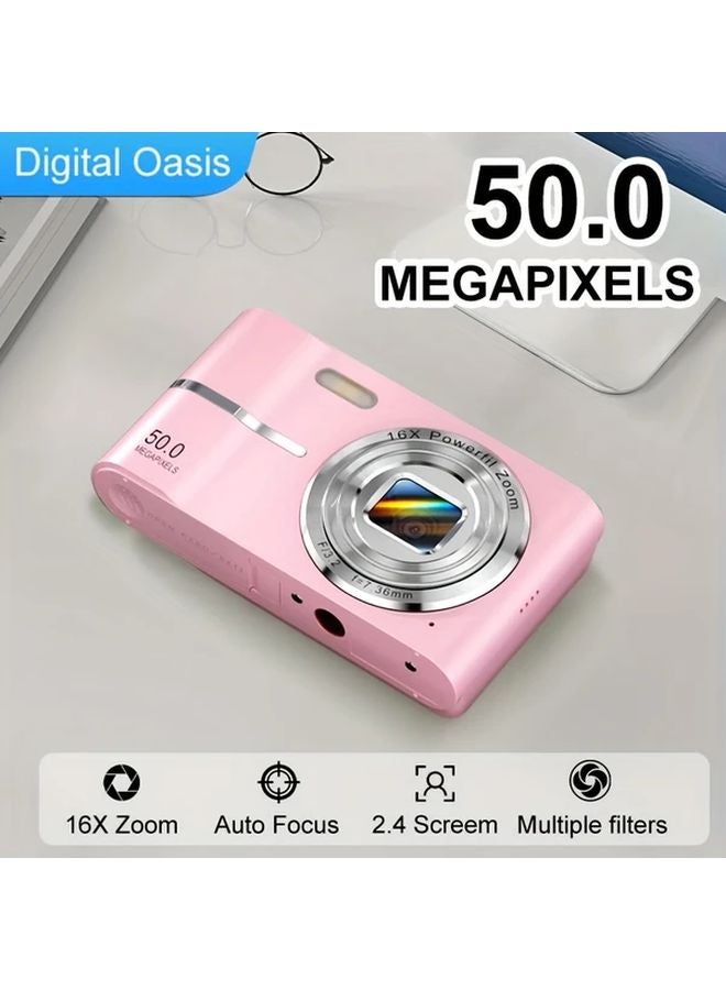 Pink Digital Camera 16X Optical Zoom 1080P HD Vlog Camera 32GB Card USB Rechargeable - Image 1