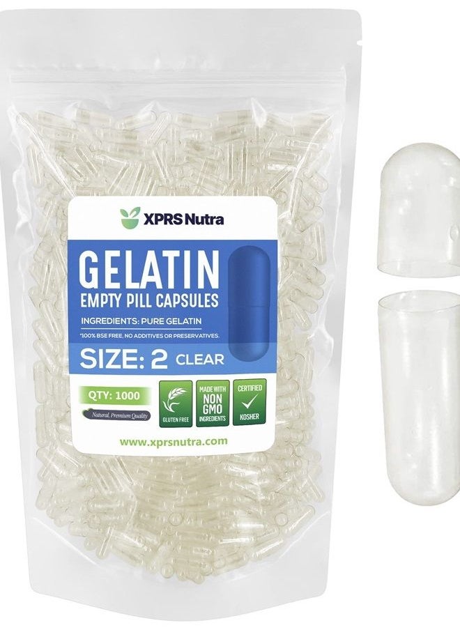 XPRS Nutra - Size 2 Empty Capsules - 1000 Count Clear Empty Gelatin Capsules - Empty Pill Capsules - DIY Capsule Filling - Pure Bovine Pill Capsules Empty Gel Caps - Image 1
