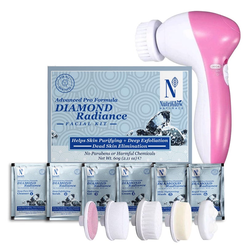 NutriGlow NATURALS Advanced Pro Formula Diamond Radiance Facial Kit for Advancedd Cellular Age Balance 60gm with 5 in 1 Rotating Face Massager - Image 1