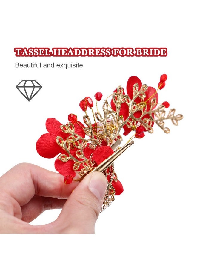 Beaupretty 1 Pair Bridal Tassel Hairpins Flower Pearl Rhinestone Chinese Traditional Style Hair Clip Headdress Festive Wedding Hair Accessories For Bride Bridemate Women Girls Ladies Students(Red)  - Image 4