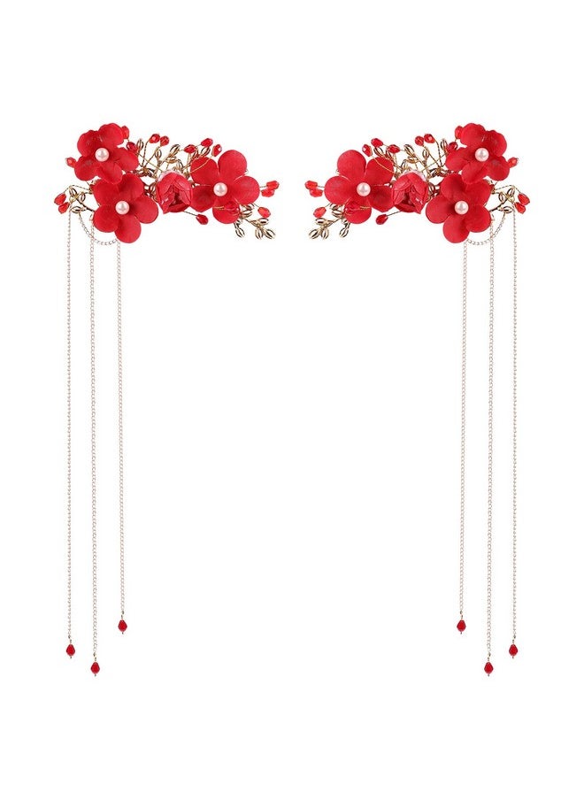 Beaupretty 1 Pair Bridal Tassel Hairpins Flower Pearl Rhinestone Chinese Traditional Style Hair Clip Headdress Festive Wedding Hair Accessories For Bride Bridemate Women Girls Ladies Students(Red)  - Image 1