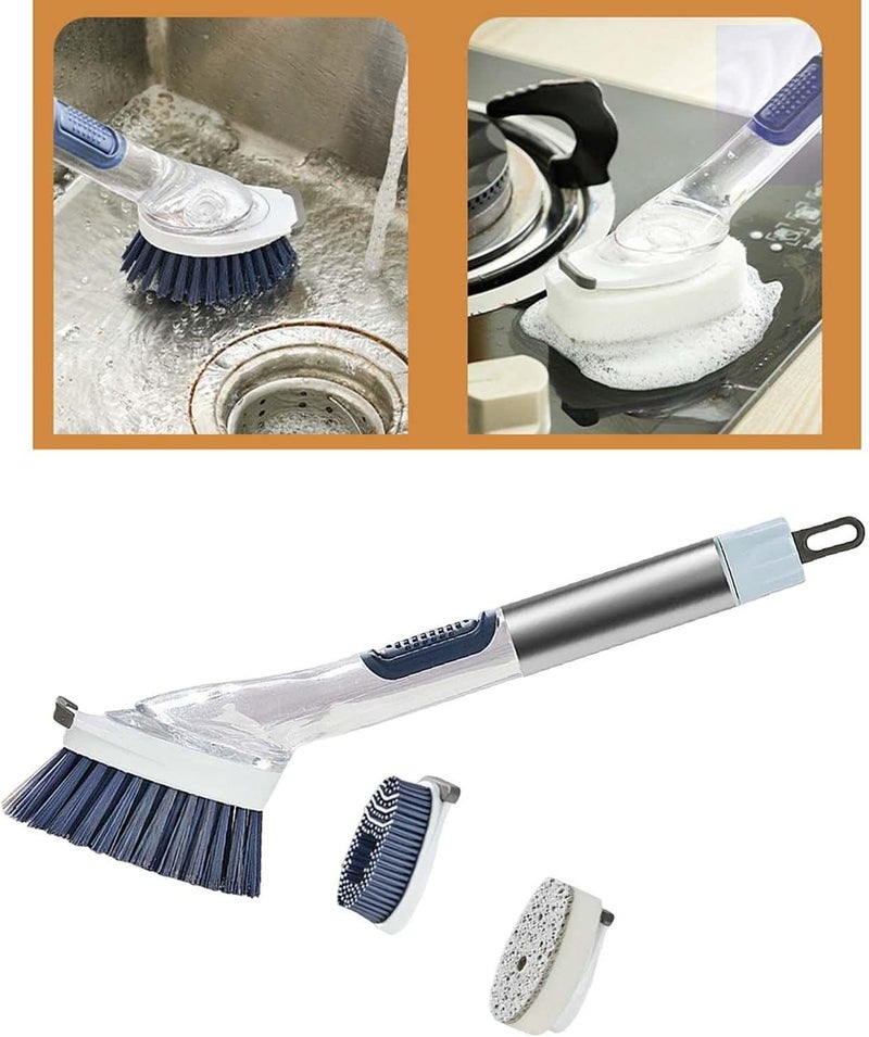 klarako 3 in1 Dish Brush Stainless Steel Handle Scrubbing Dish Brushes Dish Soap Control Washing Brush Scrubber for Bowls Pan Pot Washing Cleaning, Blue - Image 3