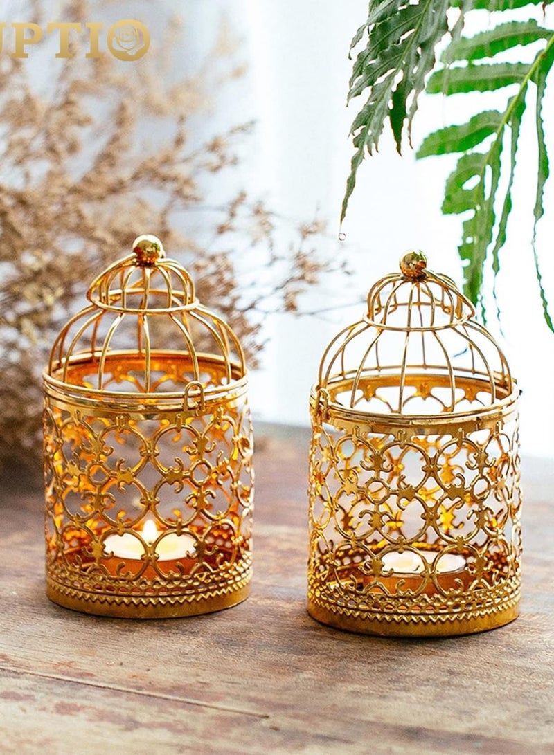 Candle Lanterns Ramadan Decorations: Vintage Decorative Hanging Gold Lantern Metal Birdcage - Centerpiece for Home Living Room Diwali Wedding Party Set of 2 - Image 4