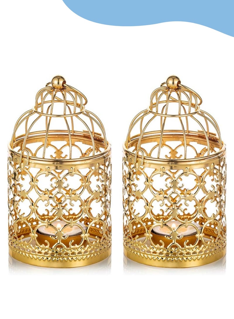 Candle Lanterns Ramadan Decorations: Vintage Decorative Hanging Gold Lantern Metal Birdcage - Centerpiece for Home Living Room Diwali Wedding Party Set of 2 - Image 1