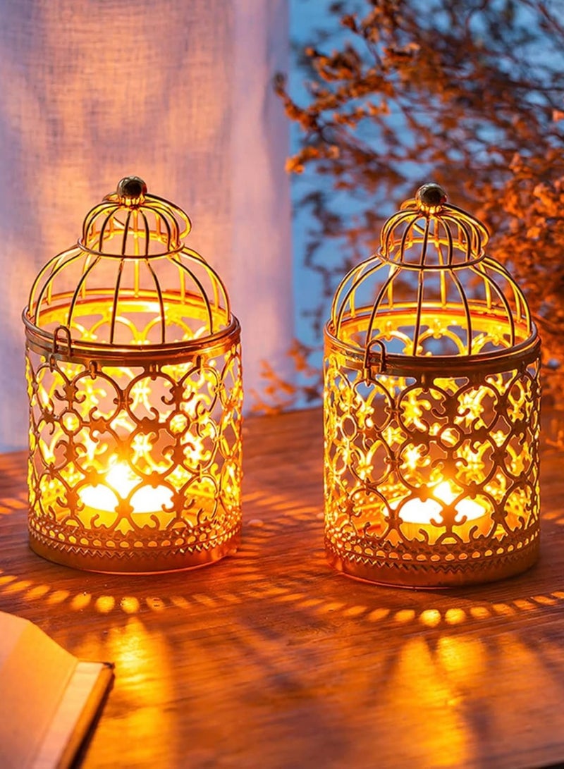 Candle Lanterns Ramadan Decorations: Vintage Decorative Hanging Gold Lantern Metal Birdcage - Centerpiece for Home Living Room Diwali Wedding Party Set of 2 - Image 2
