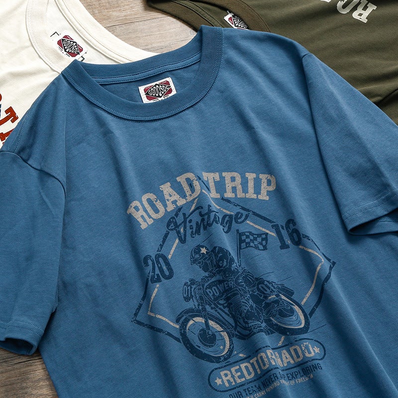 260G American-Style Vintage Pure Cotton Motorcycle Print Round Neck Men'S Short-Sleeve T-Shirt Vintage Motorcycle - Image 4
