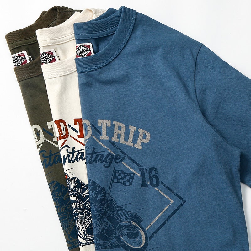260G American-Style Vintage Pure Cotton Motorcycle Print Round Neck Men'S Short-Sleeve T-Shirt Vintage Motorcycle - Image 3