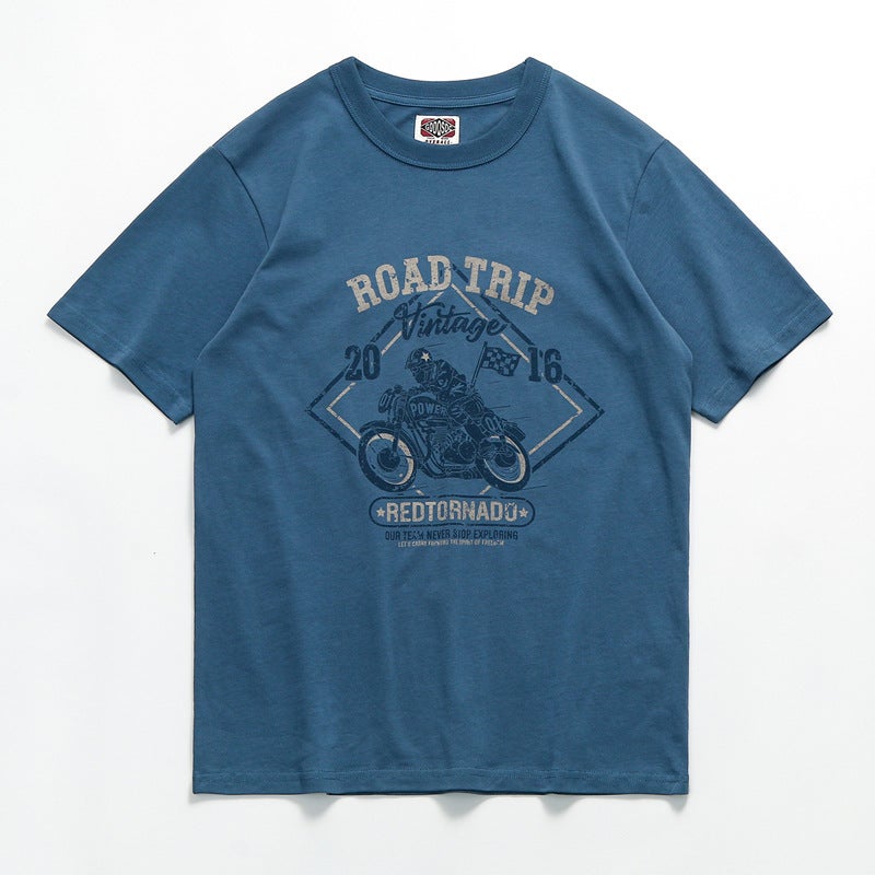 260G American-Style Vintage Pure Cotton Motorcycle Print Round Neck Men'S Short-Sleeve T-Shirt Vintage Motorcycle - Image 1