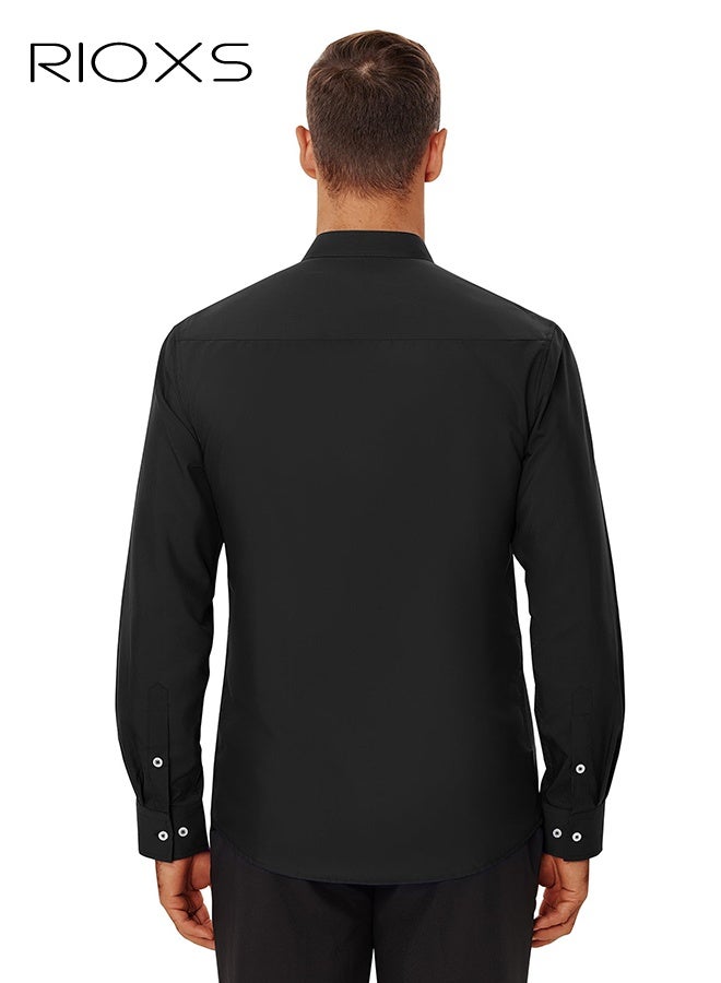 ريوكس قميص قميص ذو ياقة سوداء للرجال، قميص طويل ذو أكمام متعددة خالي من التجاعيد، قميص رسمي للأعمال المكتبية، قميص رقيق يتناسب مع زرار أبيض، ملابس رسمية قابلة للتنفس ورعاية سهلة للرجال، قميص رسمي لكل فصول متعددة، قميص رسمي لزفاف الزفاف، ملابس مناسبة للعشاء - Image 2