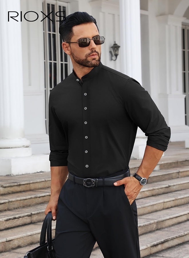 ريوكس قميص قميص ذو ياقة سوداء للرجال، قميص طويل ذو أكمام متعددة خالي من التجاعيد، قميص رسمي للأعمال المكتبية، قميص رقيق يتناسب مع زرار أبيض، ملابس رسمية قابلة للتنفس ورعاية سهلة للرجال، قميص رسمي لكل فصول متعددة، قميص رسمي لزفاف الزفاف، ملابس مناسبة للعشاء - Image 4