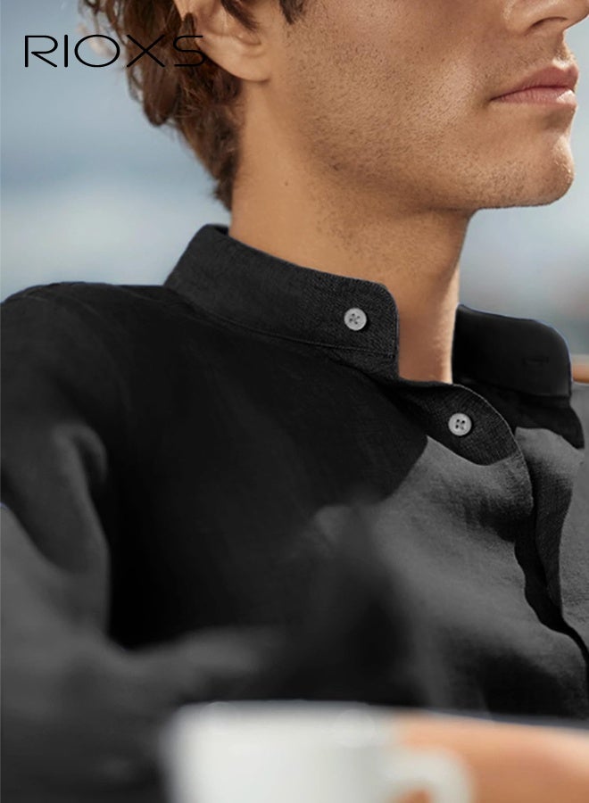 ريوكس قميص قميص ذو ياقة سوداء للرجال، قميص طويل ذو أكمام متعددة خالي من التجاعيد، قميص رسمي للأعمال المكتبية، قميص رقيق يتناسب مع زرار أبيض، ملابس رسمية قابلة للتنفس ورعاية سهلة للرجال، قميص رسمي لكل فصول متعددة، قميص رسمي لزفاف الزفاف، ملابس مناسبة للعشاء - Image 5