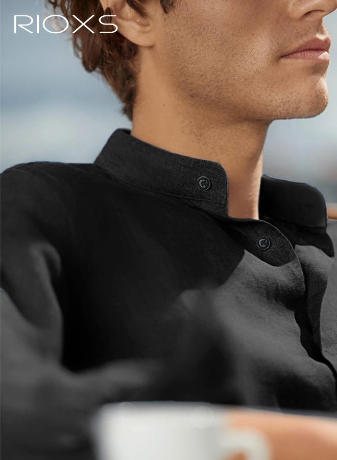 ريوكس قميص قميص ذو ياقة سوداء للرجال، قميص طويل ذو أكمام متعددة خالي من التجاعيد، قميص رسمي للأعمال المكتبية، قميص رقيق يتناسب مع زرار أبيض، ملابس رسمية قابلة للتنفس ورعاية سهلة للرجال، قميص رسمي لكل فصول متعددة، قميص رسمي لزفاف الزفاف، ملابس مناسبة للعشاء - Image 5